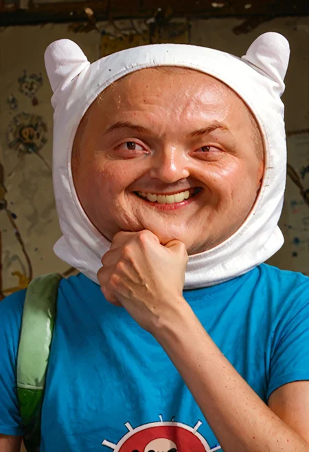 score_9, score_8_up, score_7_up, MEATMAN f1nn4,1boy,finn the human,adventure time,solo, portrait,smile, face punch,<lora:Adventure_Time_Style_LORA:1> dot eyes, blue shirt