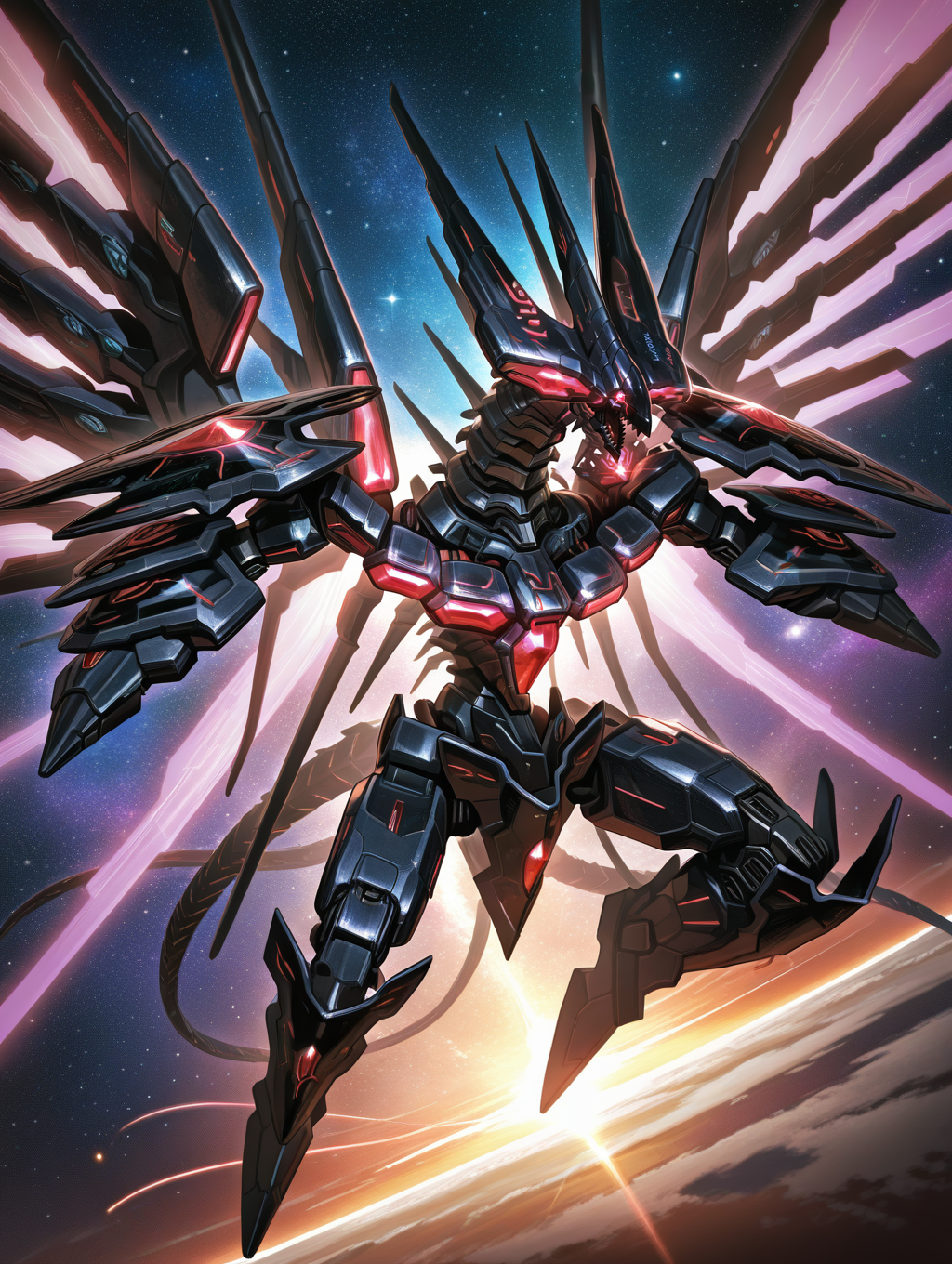 galaxy-eyes tachyon dragon, no humans, black mecha dragon, solo, space, glowing, floating, flying, glowing eyes, 1other, sharp teeth, open mouth, starry sky, no hands
masterpiece,best quality,amazing quality,very aesthetic,absurdres,newest,<lora:Galaxy-Eyes Tachyon Dragon illuXL v1:0.9>,