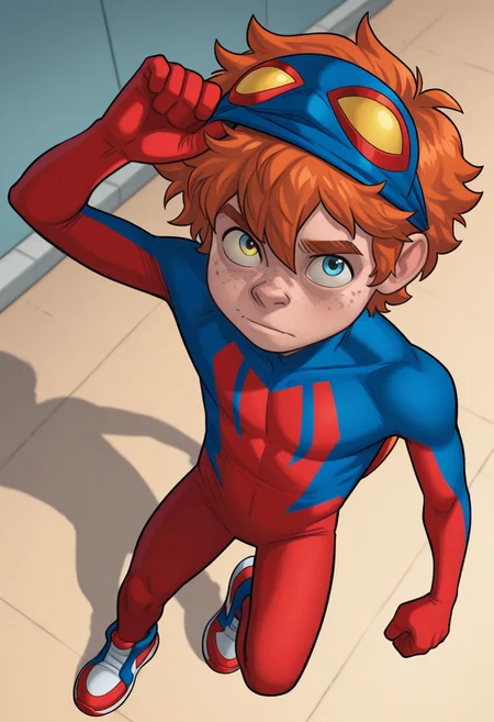 1boy, male focus, cute boy, solo, BaileyBriggs, blue Mask, Yellow Eyes, Spiderboy Costume, Two-tone Bodysuit, Red Bodysuit, Blue Bodysuit, Red Blue Sneakers, cinematic, intricately detailed illustration, depth of field, masterpiece, best quality, amazing quality, very aesthetic, absurdres, newest, very awa, shadow, dynamic angle, casual cosplay, maskLiftConcept, Mask on scalp, Orange Hair, Blue Eyes, Freckles