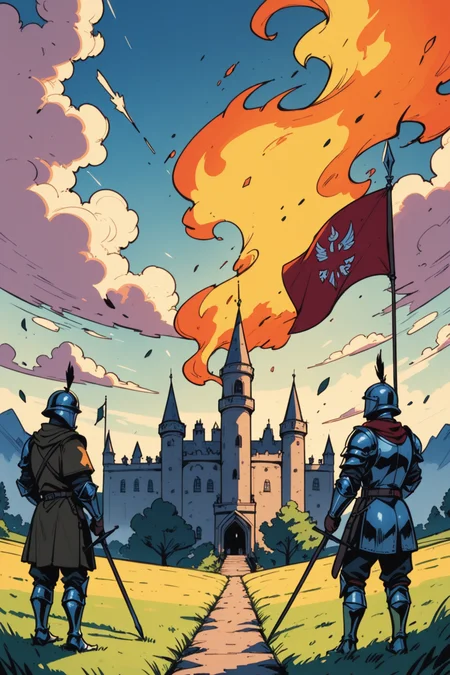 outdoors, weapon, castle, fire, cloud, tree, 6+boys, sky, armor, helmet, cloudy sky, polearm, medieval, sword, scenery, multiple boys, burning, soldier, war, holding weapon, flag, grass, standing, holding, spear, army, holding polearm, day, a_Comic_Illustration, rough lines with ink, (drawn:1.1), (sketch:1.5), (crosshatching:1.25), (comic style:1.1), graphic novel style, sharp lines, hires, zstyle, (western comics \(style\):1.1), (hatching \(texture\):1.2), zPDXL, Mr_Monster_Possitive, <lora:Expressive_H:0.5>, score_9, score_8_up, score_8_up,