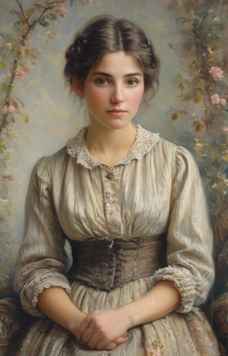 masterpiece,best quality,<lora:tbh136-sdxl:0.85>,portrait of woman,illustration,style of Helen Allingham,