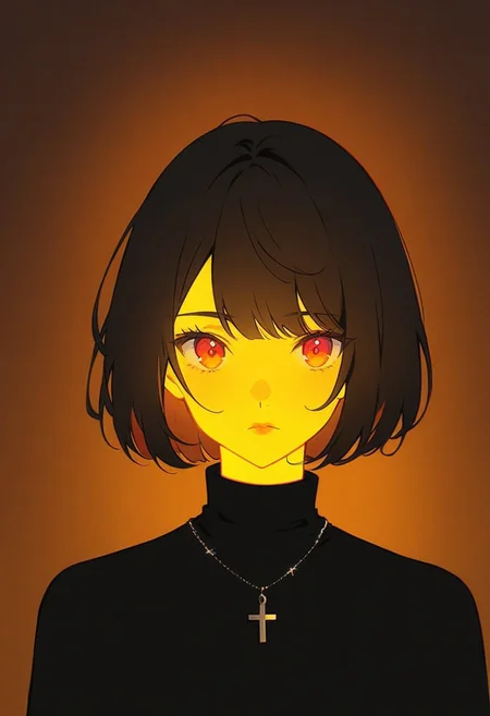 score_9, score_8_up, score_7_up, score_6_up, cinematic, cinema shot, film grain, depth of field, 1girl, solo, short hair, black hair, jewelry, looking at viewer, necklace, cross, portrait, bangs, red eyes, closed mouth, turtleneck, blurry background, cross necklace, lips, blurry, bob cut, eyelashes, highlights, boke, glowing body, incandescent effect, glowing sin, (dark:1.2)
Thermography, thermo