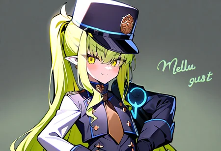 1girl, Melusine \(fate grand order\), fate grand order, solo, long hair, hat, white hair, pointy ears, yellow eyes, peaked cap, jacket, black gloves, hand on own hip, closed mouth, hair over one eye, looking at viewer, brown necktie, large breasts, eyes visible through hair, smile, long sleeves, ponytail, gloves, upper body, light green hair, character name, necktie, breasts, english text, blush, black headwear, white jacket, 
masterpiece,best quality,  newest, absurdres, safe <lora:ag31_twin_fp8-000036:1>