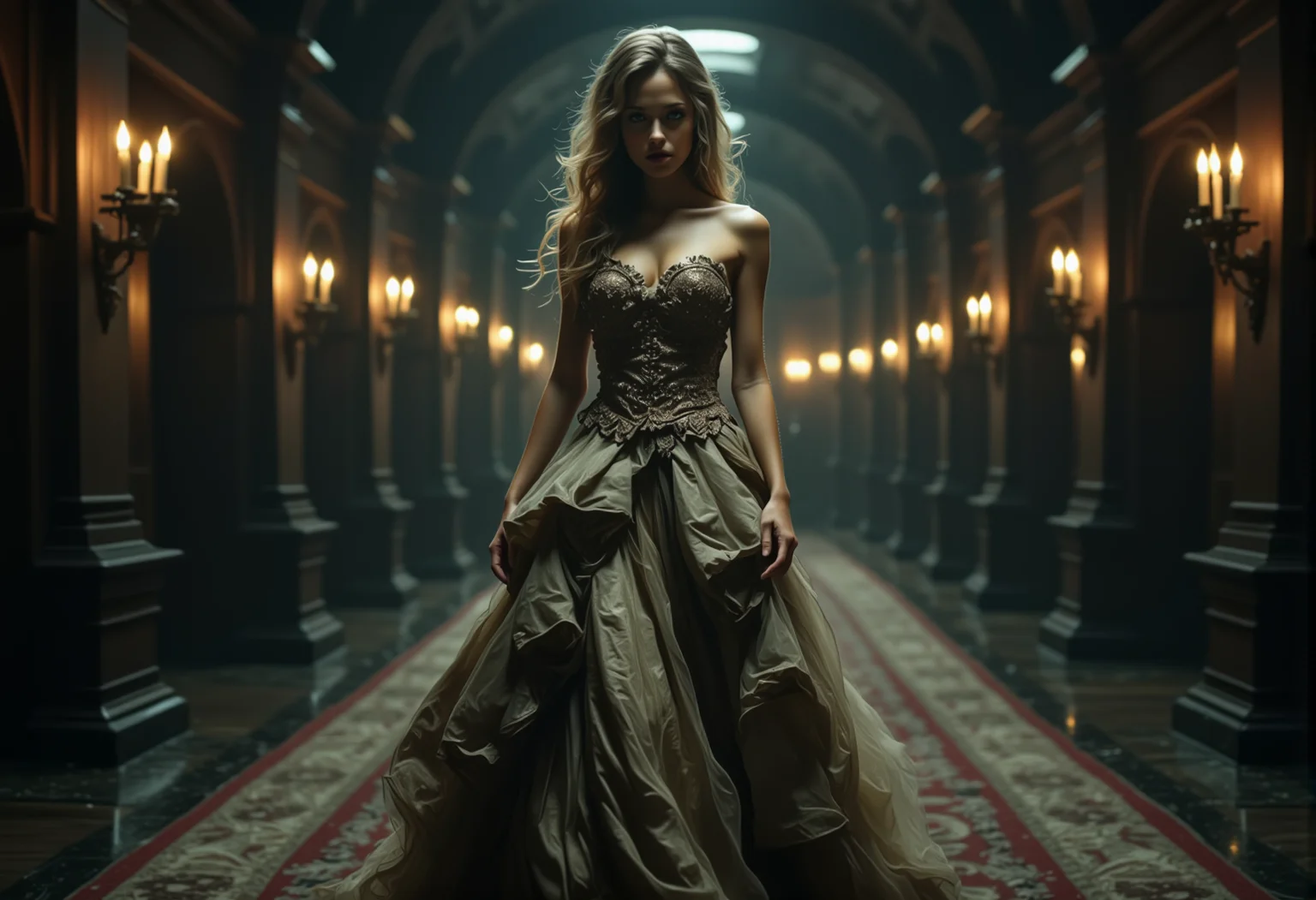 A ghostly apparition in a tattered gown, gliding silently through a grand hall, her face obscured by a veil. bv-daraca<lora:bv-dark-academia-v1.safetensors:1.0:1.0>
