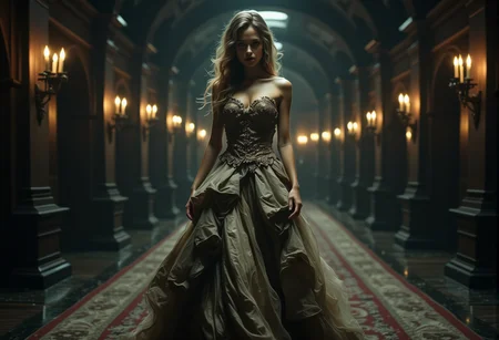 A ghostly apparition in a tattered gown, gliding silently through a grand hall, her face obscured by a veil. bv-daraca<lora:bv-dark-academia-v1.safetensors:1.0:1.0>