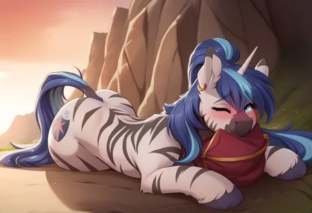 score_9, score_8_up, score_7_up,by sugarlesspaints, Expressiveh, feral, solo male, (looking at the camera:1.1), (shy:1.1), blushing, ((lying on the ground)), (detailed,realistic), epic angle, (sunrise:1.2), soft lightning, mountainous horizon, (small golden earrings:1.2)
BREAK,
((feral)), (((femboy))), ((girly)), ((face focus)), ((shining armor, pony, long mane)), (mane tied in ponytail:1.2), ((white body, two colored mane, black zebra stripes on body, black zebra stripes on face)), ((blue eyes, eye wink)), (cute:1.2), ((raised tail)), ((butt focus))