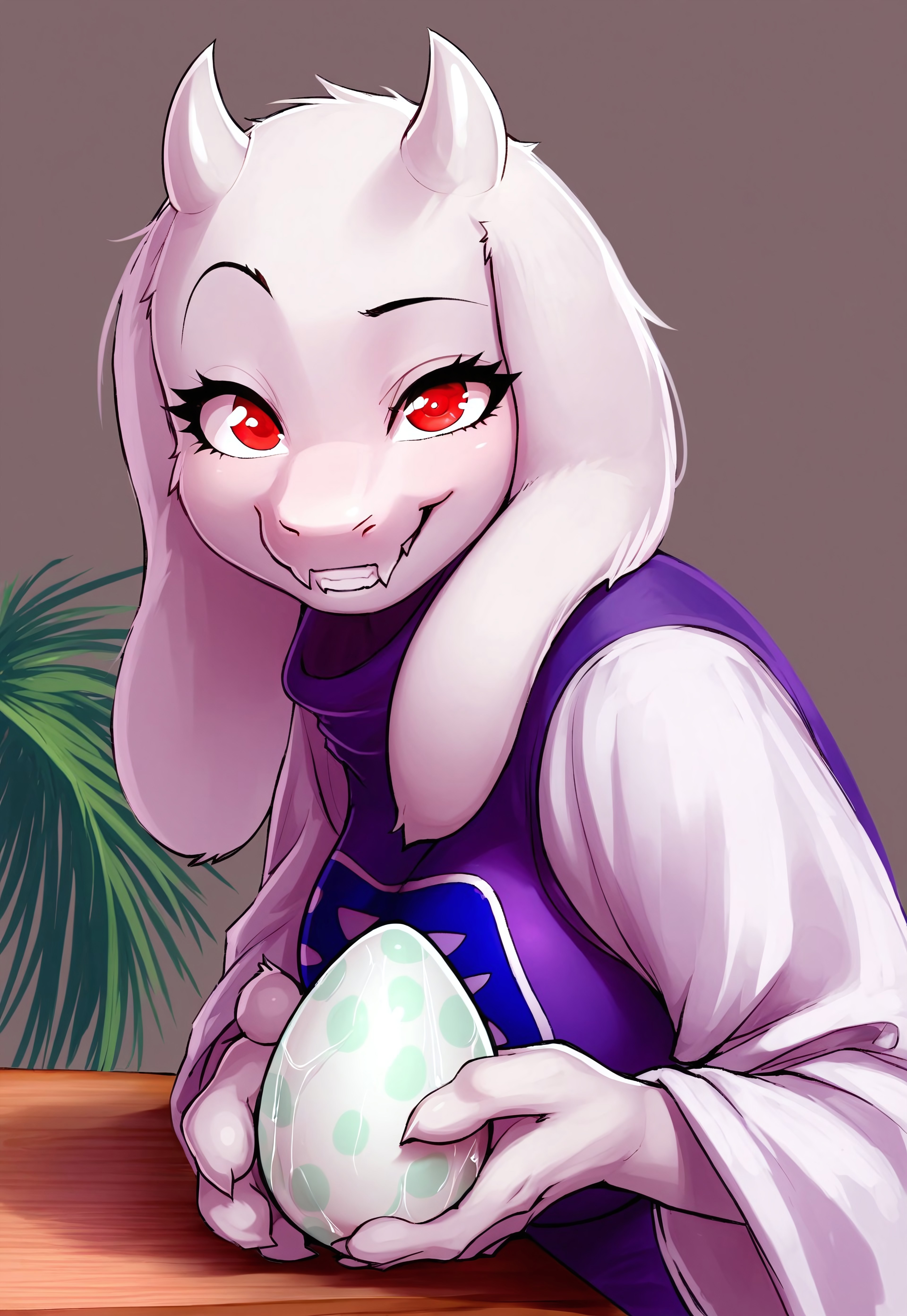 1girl, solo, Toriel, white fur, red eyes, simple background, leaning back, held out, giving egg to viewer, egg on top of palm, raised eyebrow, silly grin, looking at viewer, side view, happy eyes, close up, sitting at table, 