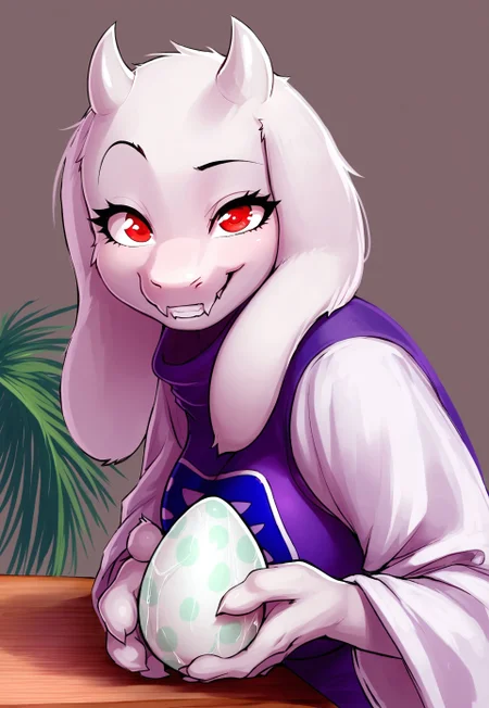 1girl, solo, Toriel, white fur, red eyes, simple background, leaning back, held out, giving egg to viewer, egg on top of palm, raised eyebrow, silly grin, looking at viewer, side view, happy eyes, close up, sitting at table,