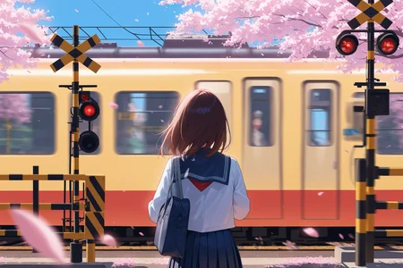 masterpiece, best quality, absurdres, safe
1girl, serafuku, school bag,
train, motion blur, blue sky,
outdoors, railroad crossing, boom barrier,
cherry blossoms,
<lora:train_in_background_il_1_d16:1>