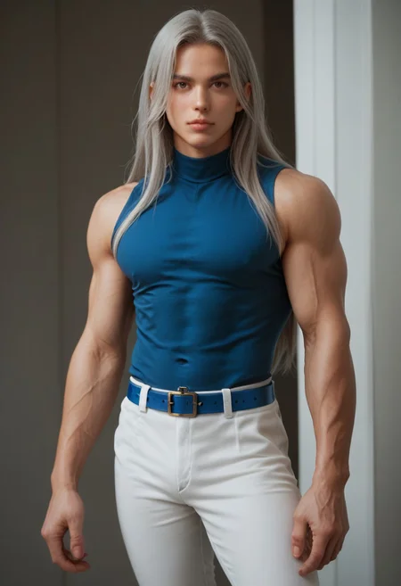 score_9, score_8_up, score_7_up, jhun, 1boy, solo, muscular male, long hair, grey hair, brown eyes, blue shirt, sleeveless, white pants, blue belt, looking at viewer, realistic