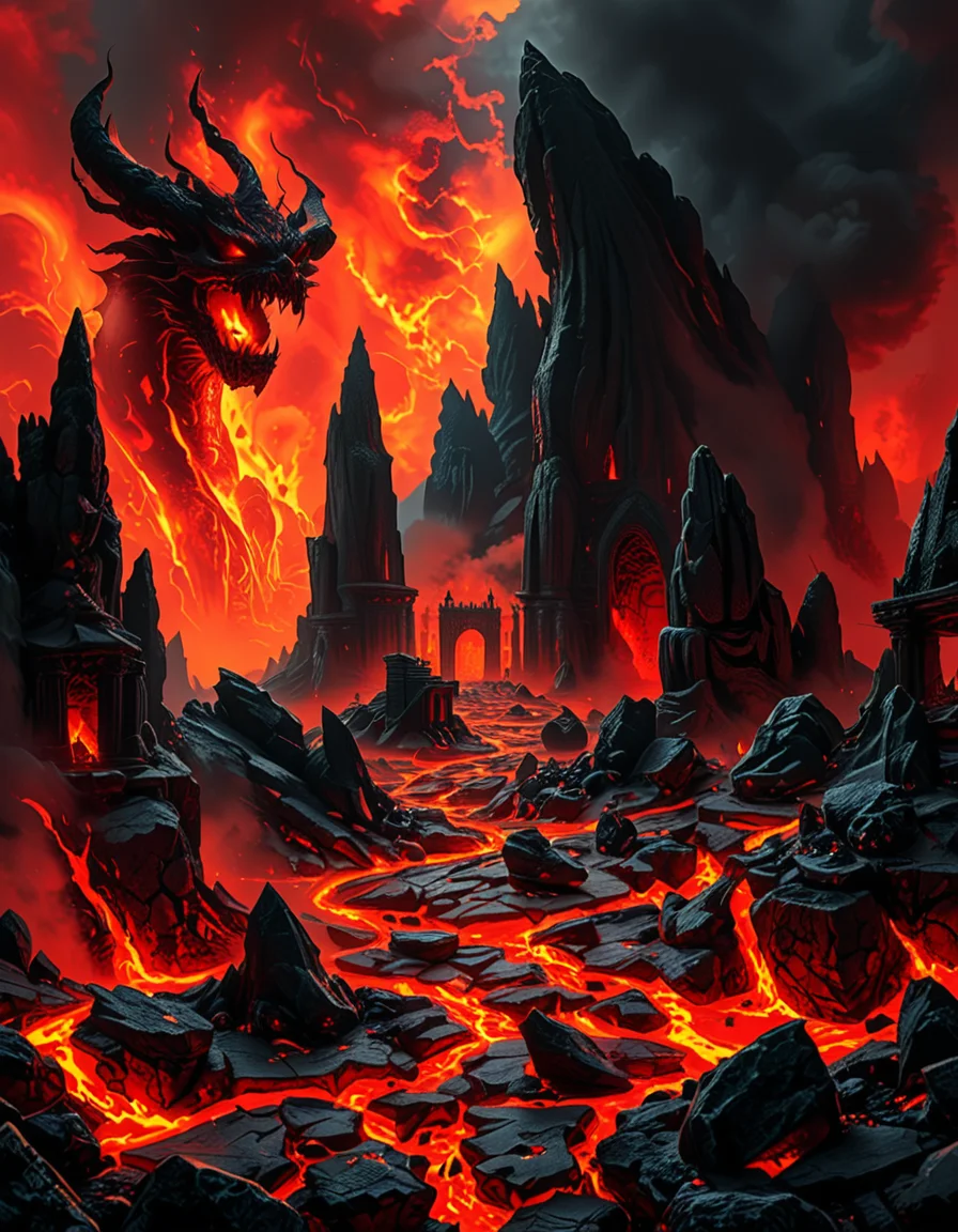 A terrifying and surreal depiction of the depths of Hell. The landscape is vast and nightmarish, filled with jagged obsidian cliffs, rivers of molten lava, and towering spires of blackened rock. The sky is a swirling vortex of crimson and black, illuminated by eerie, flickering flames. Chains dangle from massive, decaying arches, and tormented souls writhe in agony, their ghostly figures stretching toward the burning sky. Demonic creatures with twisted horns and glowing eyes lurk in the shadows, watching hungrily. The ground is cracked and scorched, exhaling thick plumes of sulfuric smoke. In the distance, a colossal, menacing throne made of skulls and bones looms over the infernal landscape, occupied by a shadowy, horned figure. The atmosphere is thick with despair, enhanced by a dramatic, chiaroscuro lighting effect that contrasts the deep shadows with the hellish glow of the flames. Hyper-realistic, highly detailed, dark fantasy style.
<lora:SDXLFaeTastic2400:0.4> <lora:extremely_detailed:0.4> extremely detailed,<lora:depths_of_h3ll:1>,depths of h3ll, Masterpiece,best quality,hi res,8k,hi res,8k,award winning,(sharp focus, intricate, highly detailed),