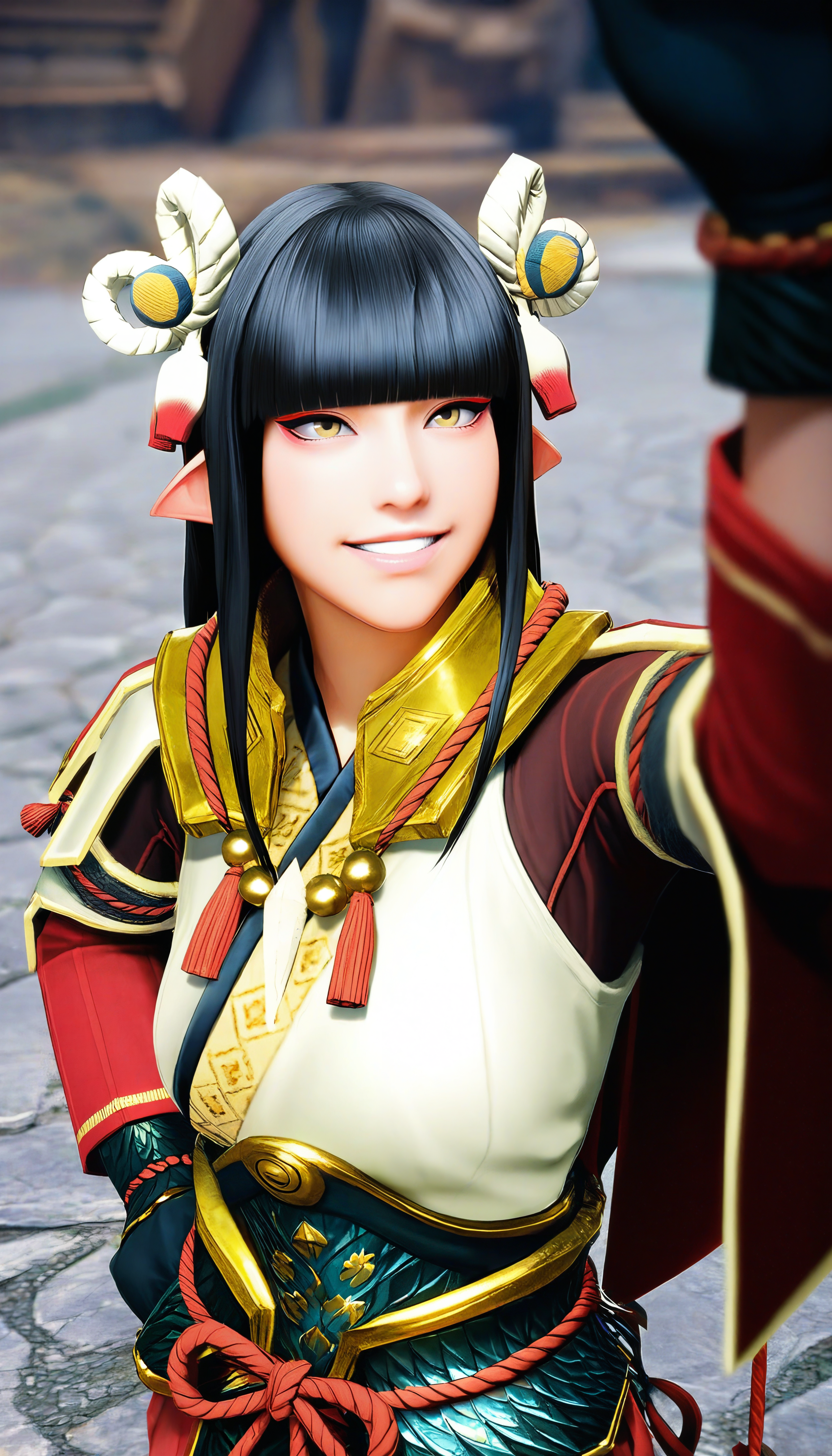 masterpiece,best quality,amazing quality,
<lora:mhminotoNAI:1>,mhminoto,realistic,
1girl,solo,black hair,long hair,blunt bangs,hair ornament,yellow eyes,red and white short cape,white robe top,green waist armor,black gloves,upper body,from above,grin,standing,raised left arm,right arm on hip,looking ahead,outdoors,stalls in the background,rock pavement,depth of field,