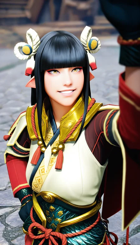 masterpiece,best quality,amazing quality,
<lora:mhminotoNAI:1>,mhminoto,realistic,
1girl,solo,black hair,long hair,blunt bangs,hair ornament,yellow eyes,red and white short cape,white robe top,green waist armor,black gloves,upper body,from above,grin,standing,raised left arm,right arm on hip,looking ahead,outdoors,stalls in the background,rock pavement,depth of field,