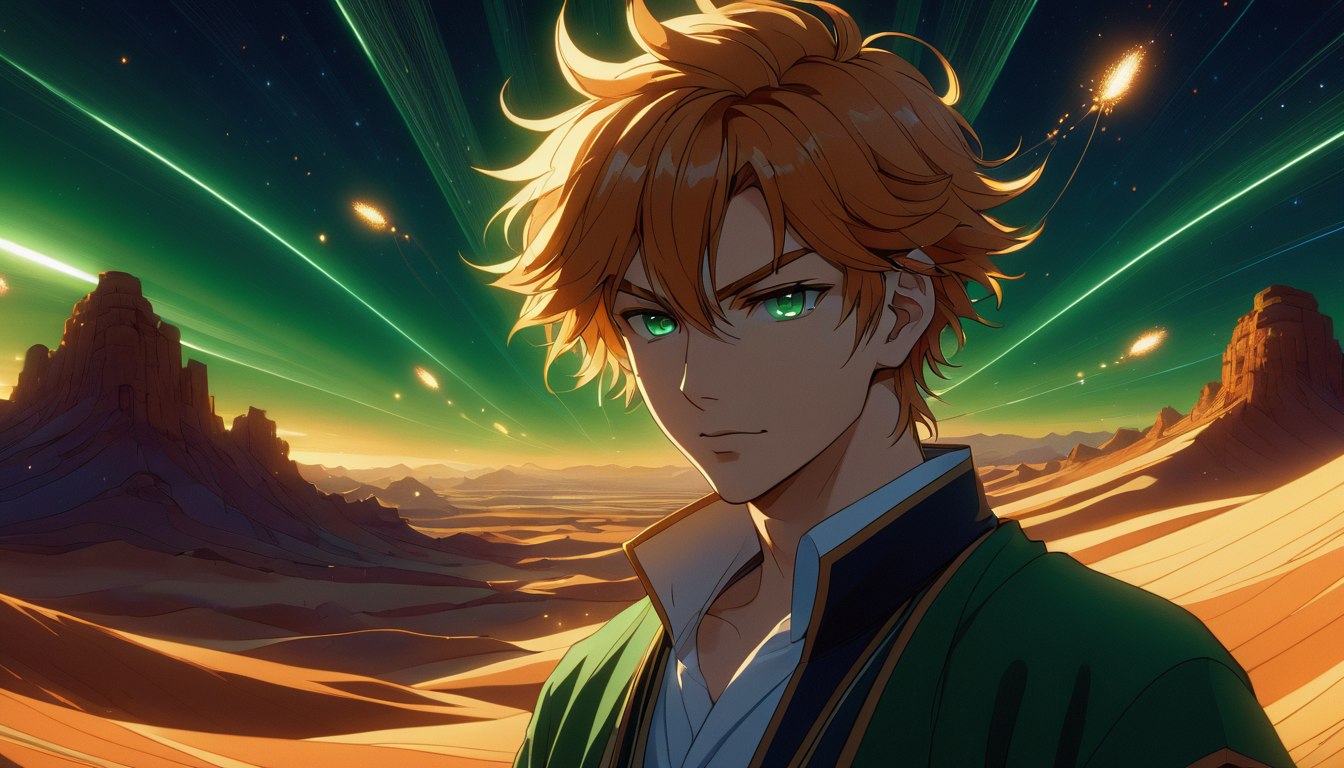 score_9, score_8_up, score_7_up, anime style, anime studio, etheral, motion lines, glowing, 1boy, man, male focus, solo, adult male, a man who is driven by greed and selfishness, high and tight hair, caramel Short hair, green eyes, refraction, in the desert background, outdoors,  Safflower flowers, pine no blossom trees,, medium shot, Visiting planetariums, graceful arms, deep colors, vivid, colorful, fairy tale aethestics, magic, fireflies, cinematic composition, volumetric clouds, volumetric lighting, volumetric fogs, volumetric dusk, lots of volumetric smoke