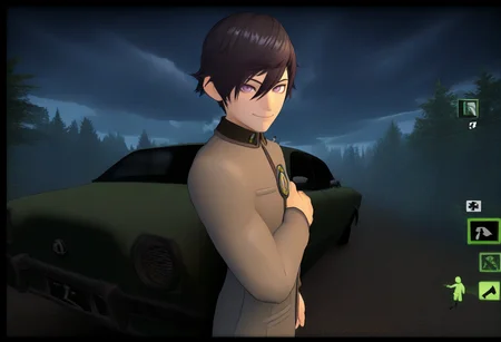 masterpiece, best quality, solo, 1boy, smile, looking at viewer, <lora:left4dead2-Style-illus_Fp:1>, 3d, cloudy sky, gameplay mechanics, night, car, forest, <lora:Naoya-illus_Fp:1>, naoyap1, black hair, purple eyes, school uniform, emblem, grey pants, user interface,