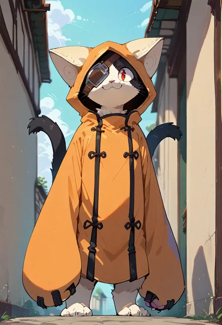 score_9,score_8_up,score_7_up,score_6_up,score_5_up,score_4_up,source_anime,male,kemono,solo,depth of field,ambient occlusion,cinematic lighting,smile,looking forward,sky,jubei,hoodie,red eyes,eyepatch,2 tails,cat,orange hoodie,animal hood,black fur,white fur,two-tone fur,4 toes,standing,pawpads,smile,katana,<lora:Jubei:0.8>,<lora:pony_pony_2_adamW:1>,full body,