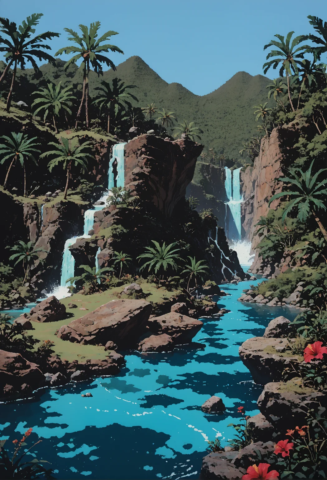 score_9, score_8_up, score_7_up, detailed landscape, a water source, rock cliff, palm tree, forest, tropical, hibiscus, waterfall,heavenly landscape, water source in the forest, clear water, <lora:dcr34sed-c0l0ring-20:0.8>, dcr34sed_c0l0ring