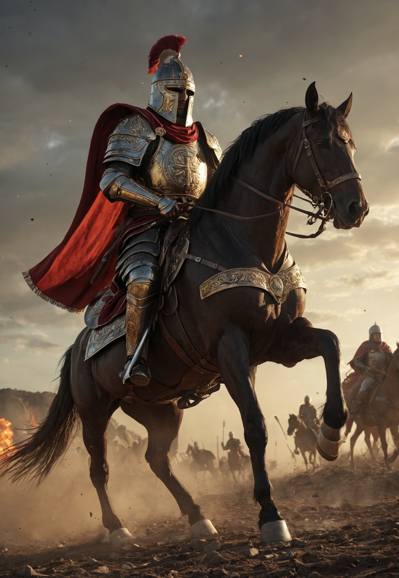 A mighty Byzantine Cataphract warrior, fully armored and mounted on a powerful horse, charges across a battlefield. The warrior wears heavy, ornate armor made of metal and scale, adorned with golden accents and Byzantine symbols. His helmet has a crest, a protective faceplate, and long cheek guards. His horse is also armored, covered in chainmail and plate, with a red and gold barding. The Cataphract holds a long lance in one hand, aimed forward, and a round shield in the other, featuring a Byzantine cross. The warrior’s face is hidden behind his helmet, but his posture conveys determination and strength. The background features a war-torn battlefield, with distant Byzantine soldiers fighting and a large, fortified city in the background. The color palette includes rich reds, golds, and dark metallics, evoking the power and majesty of the Byzantine Empire’s elite cavalry.
, moody light, by H.R Giger, 4k resolution digital art trending on Artstation and unreal engine 5, hyperrealism, full body shot, glowing eyes, cinematic, epic, masterpiece, surreal, fantasycore, hyperdetailed, ultra realistic, octane render, volumetric lighting, depth of field, bokeh, 8 <lora:Details:0.85>