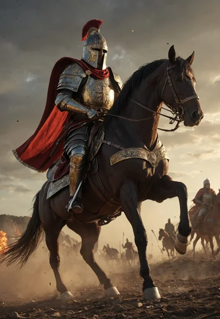 A mighty Byzantine Cataphract warrior, fully armored and mounted on a powerful horse, charges across a battlefield. The warrior wears heavy, ornate armor made of metal and scale, adorned with golden accents and Byzantine symbols. His helmet has a crest, a protective faceplate, and long cheek guards. His horse is also armored, covered in chainmail and plate, with a red and gold barding. The Cataphract holds a long lance in one hand, aimed forward, and a round shield in the other, featuring a Byzantine cross. The warrior’s face is hidden behind his helmet, but his posture conveys determination and strength. The background features a war-torn battlefield, with distant Byzantine soldiers fighting and a large, fortified city in the background. The color palette includes rich reds, golds, and dark metallics, evoking the power and majesty of the Byzantine Empire’s elite cavalry.
, moody light, by H.R Giger, 4k resolution digital art trending on Artstation and unreal engine 5, hyperrealism, full body shot, glowing eyes, cinematic, epic, masterpiece, surreal, fantasycore, hyperdetailed, ultra realistic, octane render, volumetric lighting, depth of field, bokeh, 8 <lora:Details:0.85>