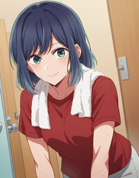 score_9, score_8_up, score_7_up, source_anime,
akanekurokawa, <lora:akane-kurokawa-s1-ponyxl-lora-nochekaiser:1>,
akane kurokawa, bangs, green eyes, blue hair, medium hair, dark blue hair,
shirt, short sleeves, towel, t-shirt, red shirt, towel around neck, sweat pants, white towel,
indoors, bent over, smile,
looking at viewer, cowboy shot, dutch angle, solo,