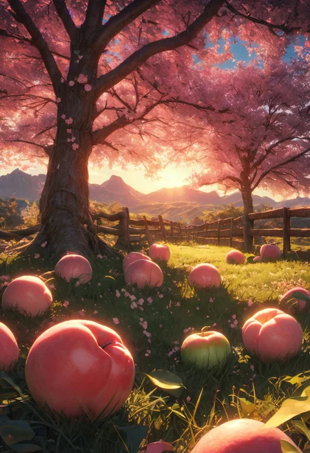 (raytracing, best quality, 8k, high res, masterpiece:1.2, picnic on grass), photorealistic, ultra-detailed, vibrant photography of a picturesque peach orchard at sunset, The trees are heavy with ripe, glistening peaches in shades of red, green, and gold, their leaves a vibrant, healthy green. Sunlight filters through the branches, casting a warm, golden glow over the entire scene. Delicate peach blossoms still cling to some branches, adding a touch of soft pink and white to the landscape. The ground is covered with a lush carpet of grass and wildflowers, with fallen peaches scattered about. A short rustic wooden fence borders the orchard, and in the background, rolling hills and distant mountains are bathed in the warm, fading light of the setting sun. A gentle breeze rustles the leaves and carries the sweet scent of apples through the air. This idyllic scene captures the serene beauty and abundance of nature in exquisite detail. (dynamic angle, cinematic lighting, ethereal atmosphere:1.1), (extremely detailed:1.2), (vivid colors:1.3), (perfect composition:1.2), (sharp focus, stunning realism:1.2)