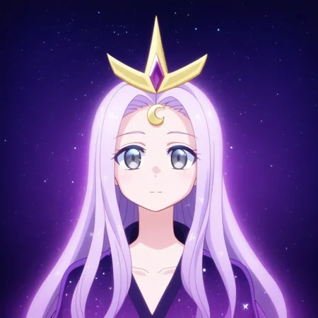 mana_sk style, portrait, focus on face, a mystical celestial mage girl with flowing lavender hair shimmering like stardust, deep silver eyes sparkling like galaxies, wearing a crescent-moon tiara and a robe adorned with constellations, her face illuminated by a soft cosmic glow, faint stars twinkling in the dark background, Japanese RPG style, ethereal and awe-inspiring atmosphere, intricate details on her tiara and robe