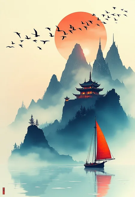 "Serene Sail" - Title: "Temple in the Sky"
Minimalist ink sketch, bright colours, highly stylized, of double exposure effect, a huge dramatic, murmuration of hundreds of crane birds taking flight off the water, detailed and intricate, featuring a large Buddhist temple monastery nestled high among mountain peaks and glaciers, while a mystical sailboat with a colourful solitary sail glides through vast cumulus mists, style reminiscent of Nihonga and Ukiyo-E, imbued with a perfect composition, an epic dreamy atmosphere, sharp focus, intricate details, trending on ArtStation, highly detailed work styled by Greg Rutkowski.