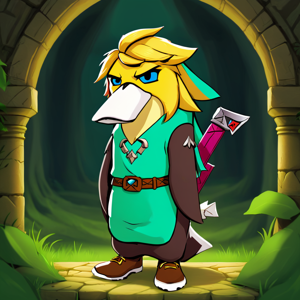 Legend of Zelda style illustration of a wassie cosplaying as gothic link,<lora:231117_newmantagwassersv2:1>  . Vibrant, fantasy, detailed, epic, heroic, reminiscent of The Legend of Zelda series