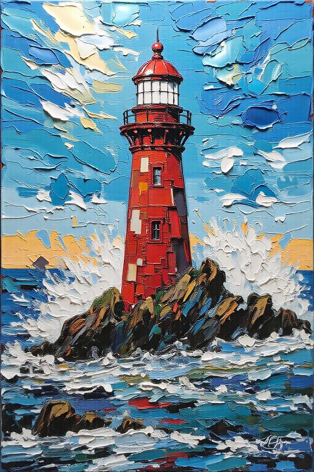 impasto oil painting of a red lighthouse on a small island in the middle of a body of water. The lighthouse is painted in shades of red, with a black railing around the top of the lighthouse and a white light at the top. The light is surrounded by a blue sky that is filled with white clouds. The water is splashing around the lighthouse, creating a splashing effect on the surface of the water.      <lora:Flux-Sch-SingleBlocks-BF16:1.0> <lora:impasto6_cap_d6a3e11:1.0><lora:804333755759089110:0>