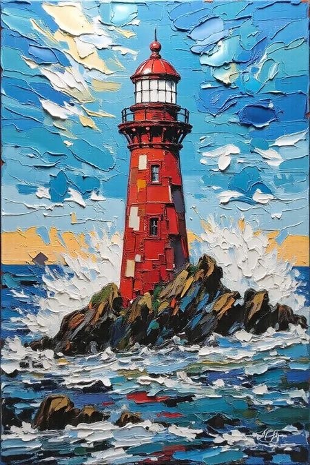 impasto oil painting of a red lighthouse on a small island in the middle of a body of water. The lighthouse is painted in shades of red, with a black railing around the top of the lighthouse and a white light at the top. The light is surrounded by a blue sky that is filled with white clouds. The water is splashing around the lighthouse, creating a splashing effect on the surface of the water. <lora:Flux-Sch-SingleBlocks-BF16:1.0> <lora:impasto6_cap_d6a3e11:1.0><lora:804333755759089110:0>