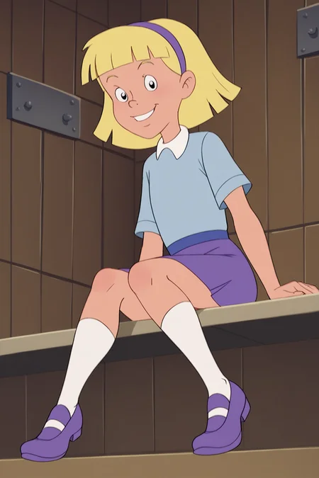 score_9, score_8_up, score_7_up, score_6_up, BREAK, AnnikaSPLXL, retro artstyle, blonde hair, short hair, blunt bangs, purple hairband, female child, flat chest, white collar shirt, blue shirt, short sleeves, purple skirt, white socks, purple shoes, solo, full body, sitting, bellow view, seductive smile, looking at viewer, indoors <lora:AnnikaSPLXL:1>