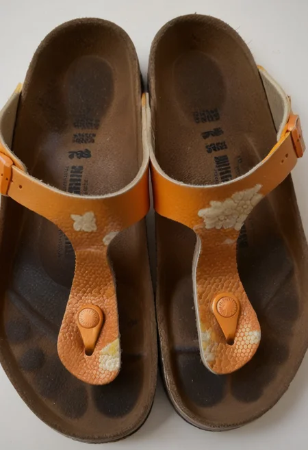 still_life, no_humans, simple_background, white_background, gizeh, gizehunworn, close-up, footwear_focus, patterned, orange-black-white, worn_shoes, worn_insoles, smelly_shoes