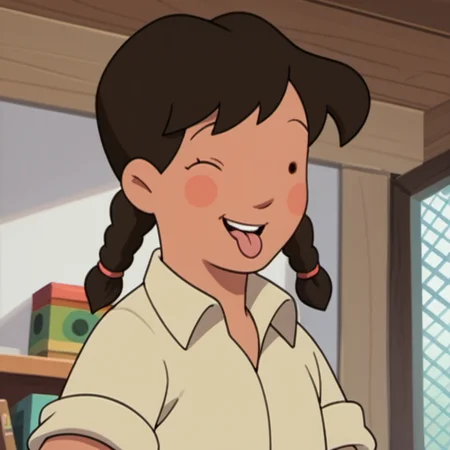 score_9, score_8_up, score_7_up, solo, 1girl, blgs3, brown hair, twin braids, twintails, black dot eyes, wink, tongue out, looking at viewer, shirt, blush stickers, sleeves rolled up, upper body, indoors, <lora:blgs3-000011:1>,