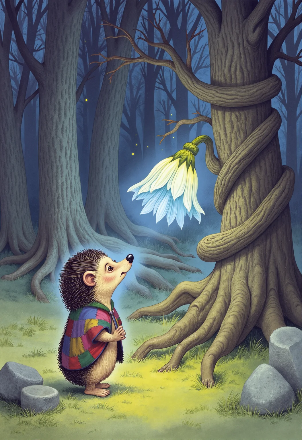 Old book illustration style, in color, a hedgehog wearing a tiny patchwork cloak and a satchel, standing alone in a moonlit clearing deep within an ancient forest. The hedgehog gazes up at a glowing flower blooming from a twisted vine that wraps around a fallen log. The flower is large and translucent, its petals filled with a soft blue light that spills onto the hedgehog’s spines and the mossy ground below. Around the clearing, tall trees with dark, knotted trunks frame the scene, their branches arching overhead like a canopy. Tiny specks of light—fireflies—hover in the air, and a faint mist curls around stones and roots. The colors are muted and earthy, dominated by shadowy greens, browns, and slate blues, with the glowing flower providing the central point of brightness. The illustration has delicate hatching, aged parchment texture, and a sense of quiet wonder, like a forgotten page from an old enchanted bestiary. <lora:oldillustration_V1.1:0.7>