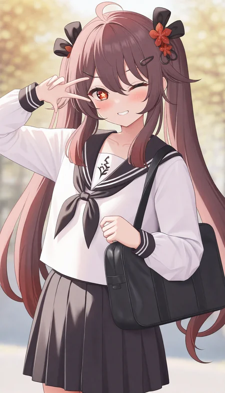 1girl, hu tao \(genshin impact\), hair ornament, twintails, flower-shaped pupils, one eye closed, school uniform, solo, brown hair, smile, skirt, hairclip, long hair, pleated skirt, sailor collar, bag, red eyes, long sleeves, alternate costume, symbol-shaped pupils, shirt, blurry, blurry background, serafuku, hair flower, looking at viewer, neckerchief, white shirt, black skirt, flower, hair ribbon, blush, ribbon, school bag, ahoge, v over eye, black sailor collar, plum blossoms, very long hair, black bag, hair between eyes, sidelocks, grin, black ribbon, shoulder bag, arm up, red flower, collarbone, depth of field, hand up, black neckerchief, w, cowboy shot,
masterpiece,best quality,newest,absurdres,highres,very awa,<lora:icwine1_noob1.1-000195:0.8>,