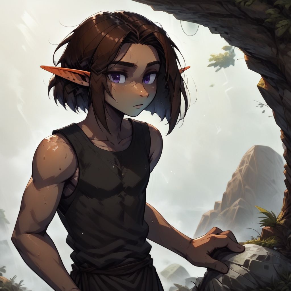 ASCIILapanya, 1 person, 3/4 view, solo, wary expression, pointy ears, snout nose, flat chest, olive-tone skin, tall, square jaw, violet irises, dark brown hair, mid-length hair, straight bob haircut parted in the middle, parted hair, visible forehead, small nostrils, 3 fingers 1 thumb, black sleeveless tunic, athletic build, fully clothed, climbing over a boulder, clean lines, highly detailed, high quality, best quality,  rating: safe