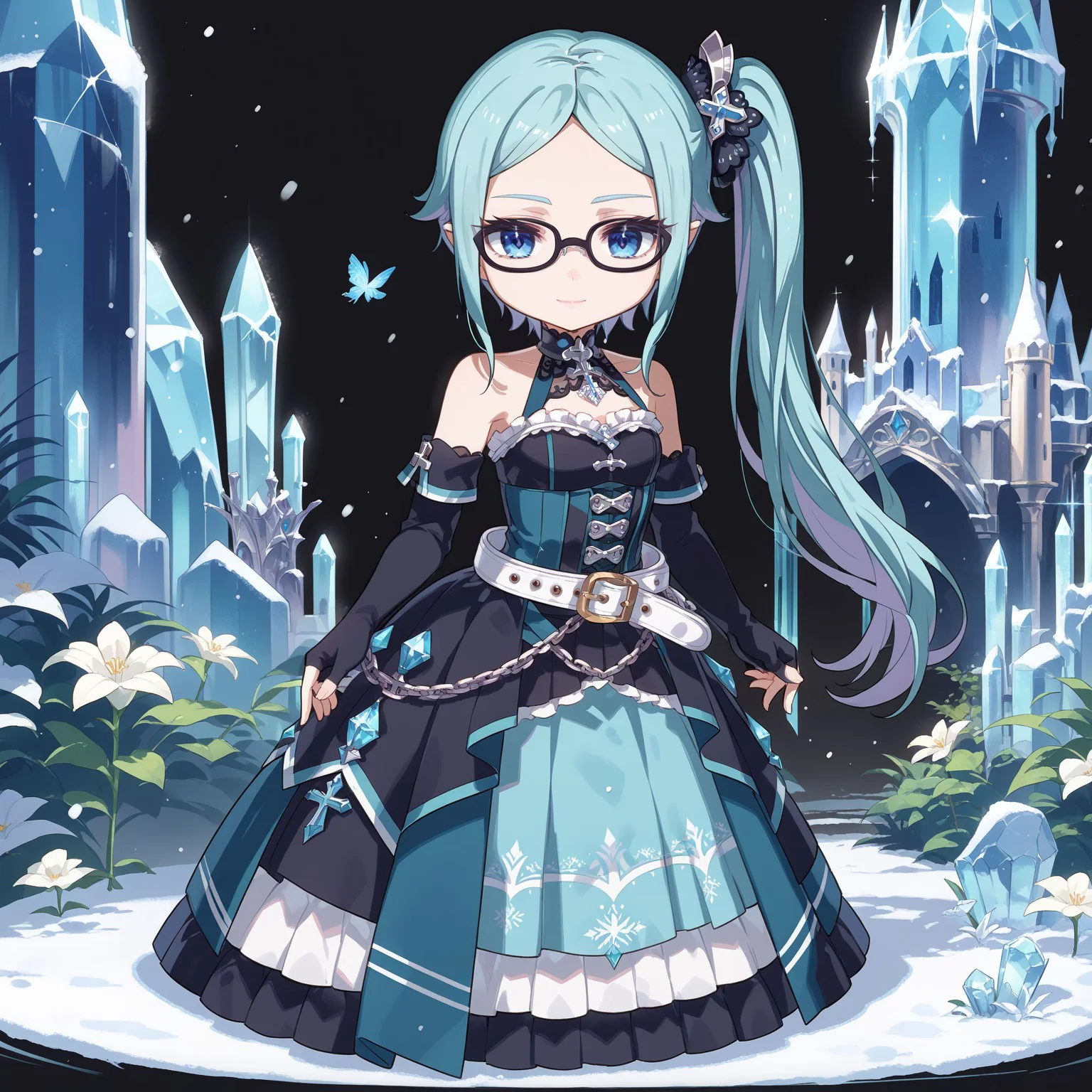 score_max, (score_9, score_8_up, score_7_up:1.2), score_6_up, official art,
masterpiece, absurdres, high detail, 8k,
black background, frozen castle, crystal, snowing,
standing, expressionless, light smile
(chibi:1.4), solo, ririi, parted bangs, side ponytail, hair ornament, white flower, black-framed eyewear, lolita_fashion, black gloves, elbow gloves, fingerless gloves, black dress, bare shoulders, navel, black skirt, long skirt, frills, belt, high heels, chain, cross
<lora:XL_Pony_gomaotsu-lily-t1:1>