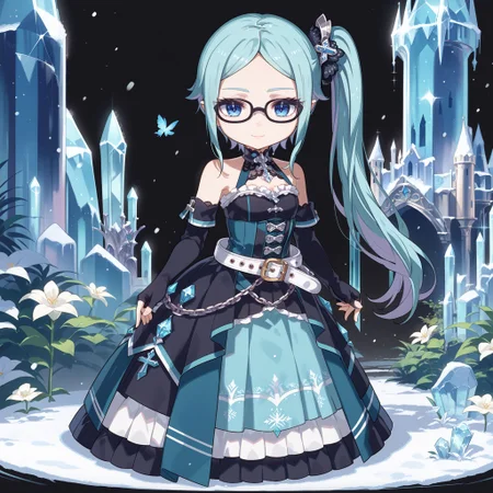 score_max, (score_9, score_8_up, score_7_up:1.2), score_6_up, official art,
masterpiece, absurdres, high detail, 8k,
black background, frozen castle, crystal, snowing,
standing, expressionless, light smile
(chibi:1.4), solo, ririi, parted bangs, side ponytail, hair ornament, white flower, black-framed eyewear, lolita_fashion, black gloves, elbow gloves, fingerless gloves, black dress, bare shoulders, navel, black skirt, long skirt, frills, belt, high heels, chain, cross
<lora:XL_Pony_gomaotsu-lily-t1:1>