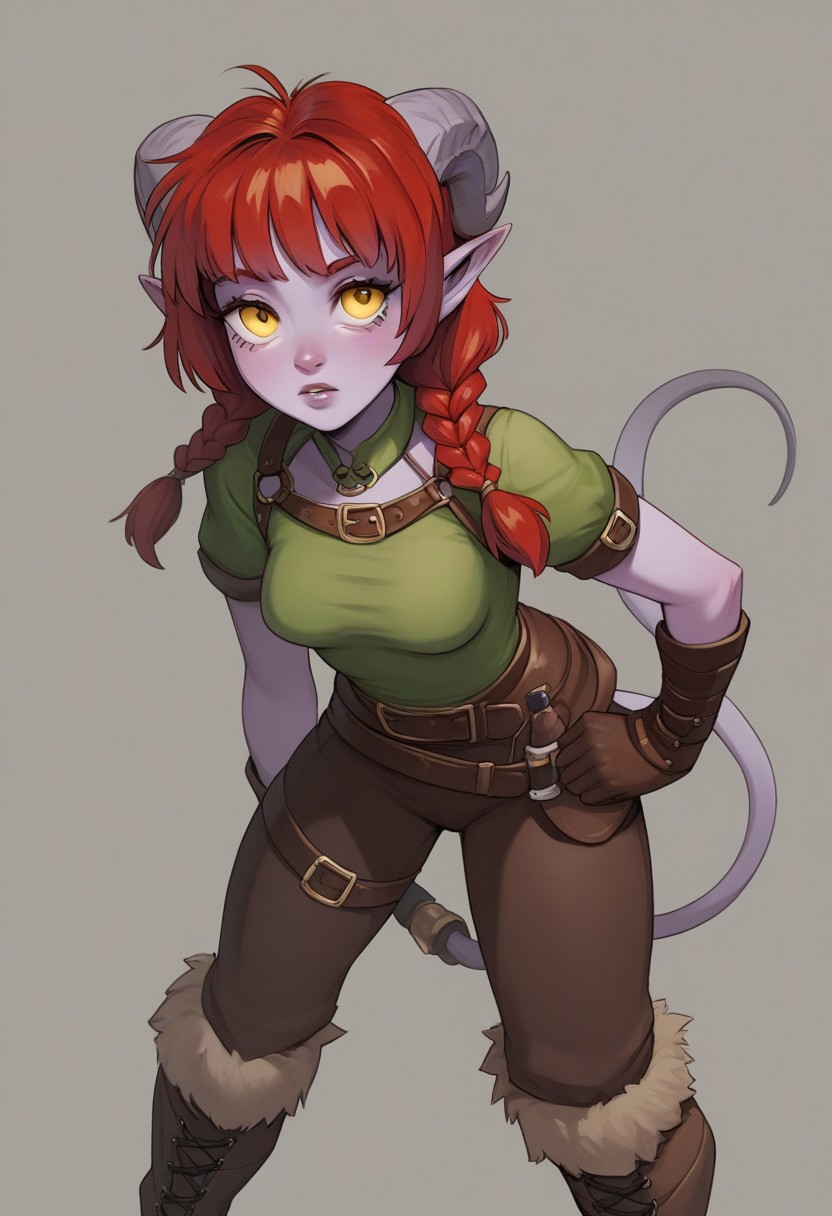 score_9, score_8_up, score_7_up, extremely detailed, 1girl, tiefling, light purple skin, yellow eyes, slender, medium breasts, long messy red hair, braided twintails, bangs, wearing a short green tunic, brown leather wristguards, brown leather cuffed boots, hattiezazu