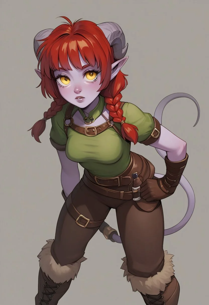 score_9, score_8_up, score_7_up, extremely detailed, 1girl, tiefling, light purple skin, yellow eyes, slender, medium breasts, long messy red hair, braided twintails, bangs, wearing a short green tunic, brown leather wristguards, brown leather cuffed boots, hattiezazu