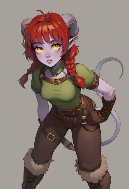 score_9, score_8_up, score_7_up, extremely detailed, 1girl, tiefling, light purple skin, yellow eyes, slender, medium breasts, long messy red hair, braided twintails, bangs, wearing a short green tunic, brown leather wristguards, brown leather cuffed boots, hattiezazu