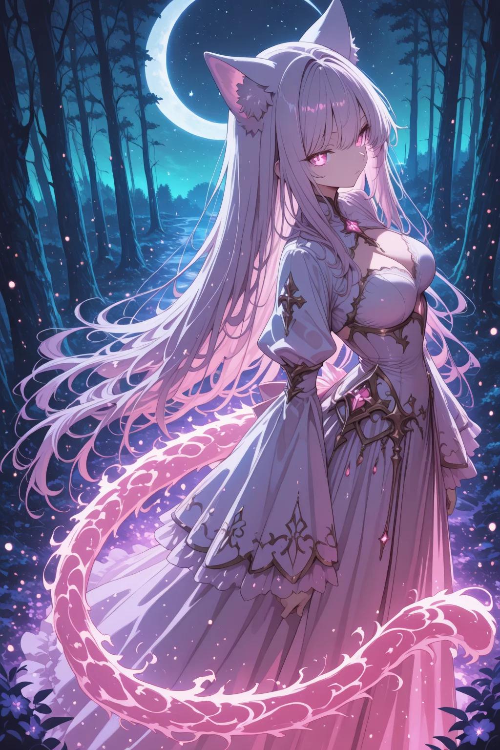 , masterpiece, best quality, highres, absurdres, fantasy anime style, magical cat girl, glowing cat ears or tail, enchanting eyes, mystical aura, wearing whimsical fantasy attire, sparkling details, ethereal lighting, beautiful background (e.g., forest, starlit sky), cute and slightly mysterious expression,lazypos2, red theme, lilac theme, white theme, green theme, theme (color) . . ., glowing, glowing particles, glowing light particles, light particles, flame (color), 4ur4_illu,shiny