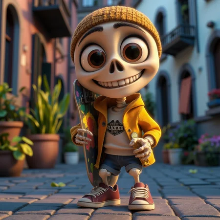 a cute 3d ation of funny skeleton happy holding a skate board, cartoon character in 3D. Casual cloths, nick sneakers, street skate. <lora:Flux_Pixar:1> egpixar, <lora:Cute_3d_Cartoon_Flux:0.5>