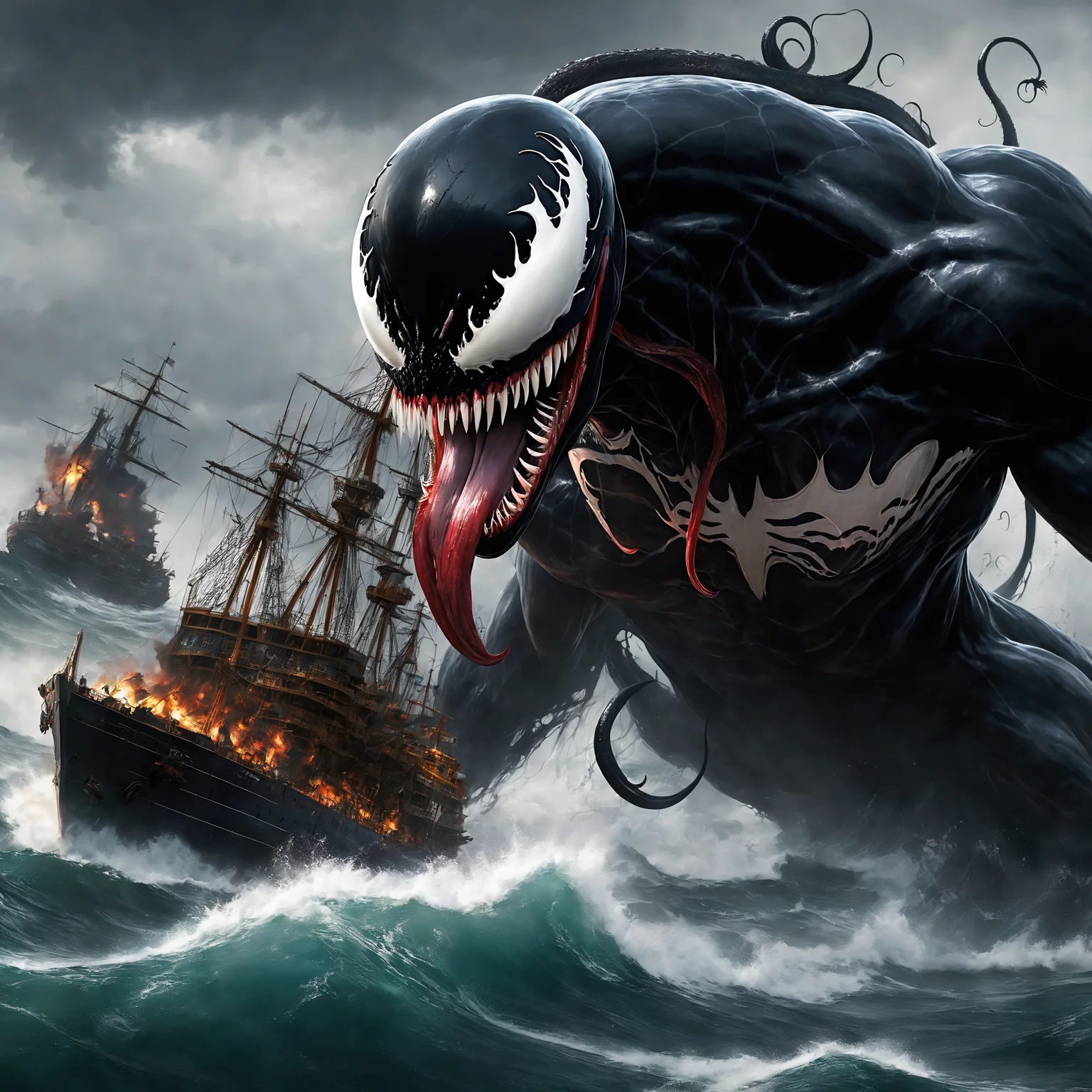 (perfect mix between venom and kraken:1.9), with venom's black tentacles protruding from his entire body, destroying ships on the ocean, blood on the mouth, epic, cataclysmic, gargantuan, absurdres, best quality, realistic style