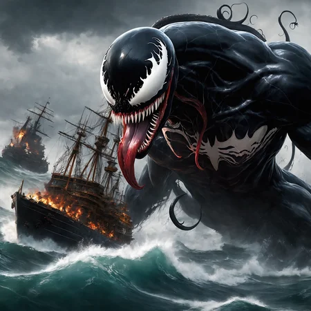 (perfect mix between venom and kraken:1.9), with venom's black tentacles protruding from his entire body, destroying ships on the ocean, blood on the mouth, epic, cataclysmic, gargantuan, absurdres, best quality, realistic style