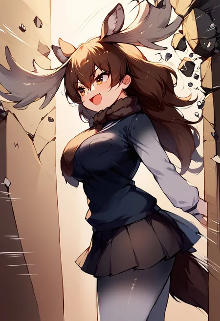 1girl, ((solo)), best quality, ultra-detailed, extremely detailed, perfect anatomy, masterpiece, score_9, score_8_up, score_7_up, Expressiveh, moose (kemono friends), antlers, animal ears, brown eyes, brown hair, tail, hair between eyes, shirt, long sleeves, vest, pleated skirt, black skirt, scarf, grey pantyhose, shoes, breast pocket, NokotanEnteringClassroom, broken wall, stone, (pantyhose:1.1), medium breasts, thick thighs, wide hips, fully clothed, motion lines, speed lines, open mouth smug smile, confident look, smug look, glaring, cute look, excited, eager, (gigantic antlers:1.3), walking forward, side view, perspective shot,