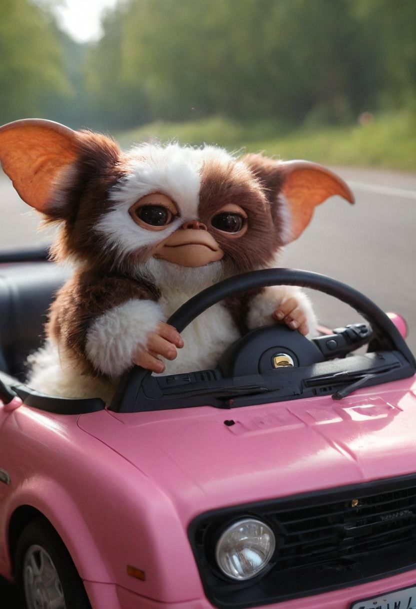 amazing quality, masterpiece, best quality, hyper detailed, ultra detailed, UHD, perfect anatomy, portrait, dof, hyper-realism, majestic, awesome, inspiring, - a fluffy cute #giz# gizmo driving a pink convertible car toy , Hands the steering, wheel down, hair moving through speed ,cinematic composition, soft shadows, national geographic style,