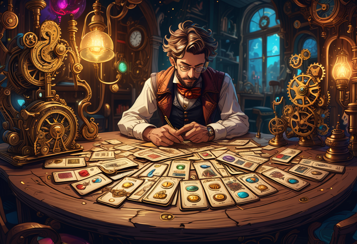 title card with the text 'User Guide' written in ornate and golden letters. An artistic scene showing a bunch of character cards spilled across a wooden table, clockwork mechanisms. Each card features a vividly colored, beautifully illustrated character. The table is illuminated with a mix of warm, ambient light and glowing highlights, creating a magical, enchanting atmosphere. In the center of the scene. The overall image is vibrant, colorful, and rich in detail, evoking a sense of fantasy and wonder. Psychedelic colorful theme.