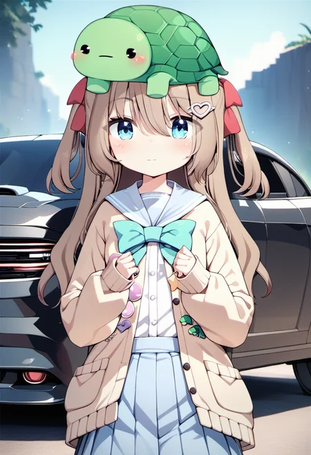 <lora:Neuro-Sama_for_PonyXL:1>, neuro_outfit, solo, motor vehicle, shirt, 2020 dodge charger, closed mouth, outdoors, ground vehicle, heart, hands up, blush, looking at viewer, very long hair, day, on head, puffy long sleeves, puffy sleeves, score_9, score_8_up, score_7_up, score_6_up, score_5_up, score_4_up
