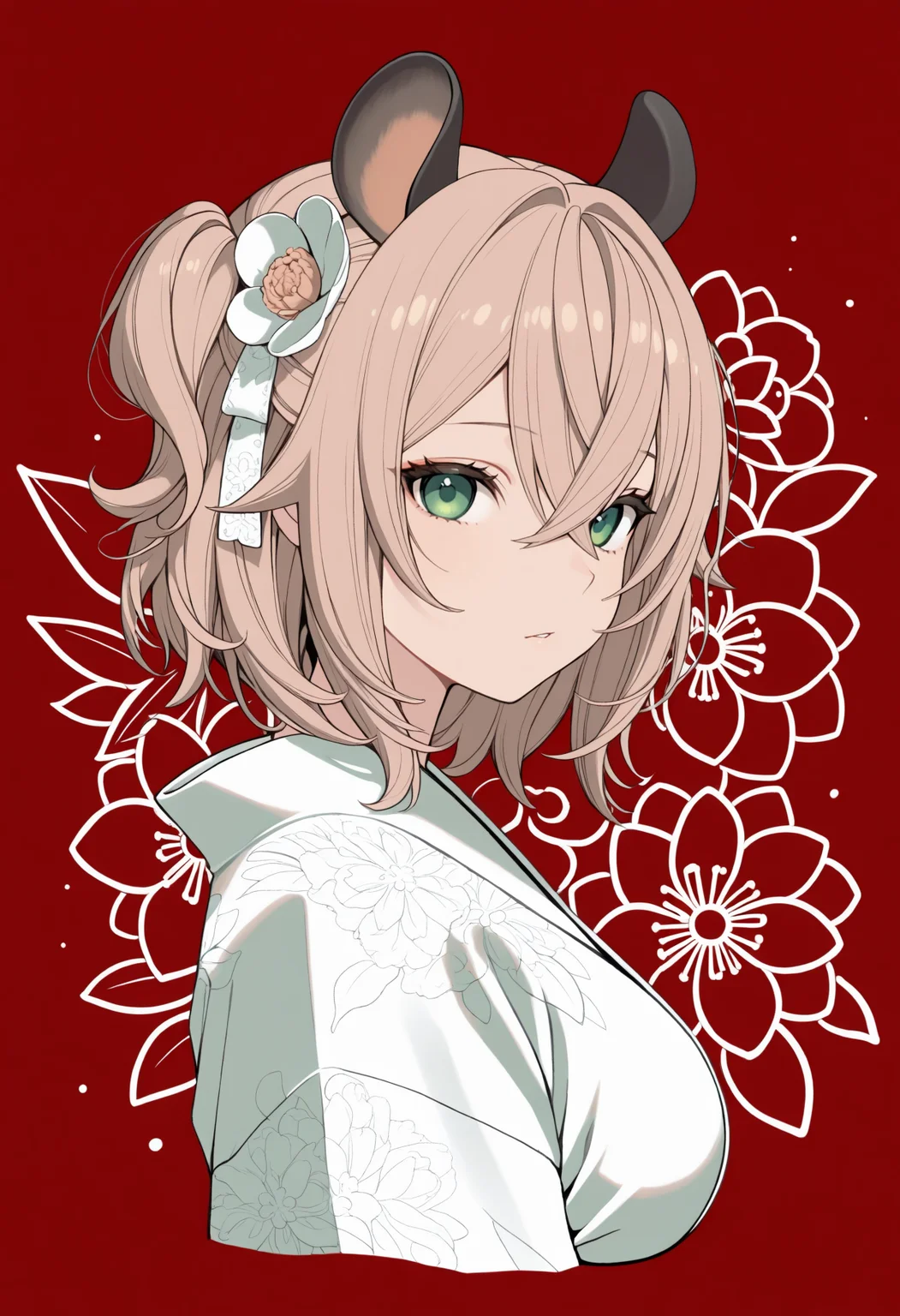 masterpiece, best quality, 1girl, solo, green eyes, light brown hair, medium hair, crossed bangs, one side up, hair ribbon, white ribbon, animal ears, lineart, white kimono, red background, hair flower, looking at viewer, from side, cropped torso, floral background, abstract, <lora:ChamNimiNightmareV2Noob:1>